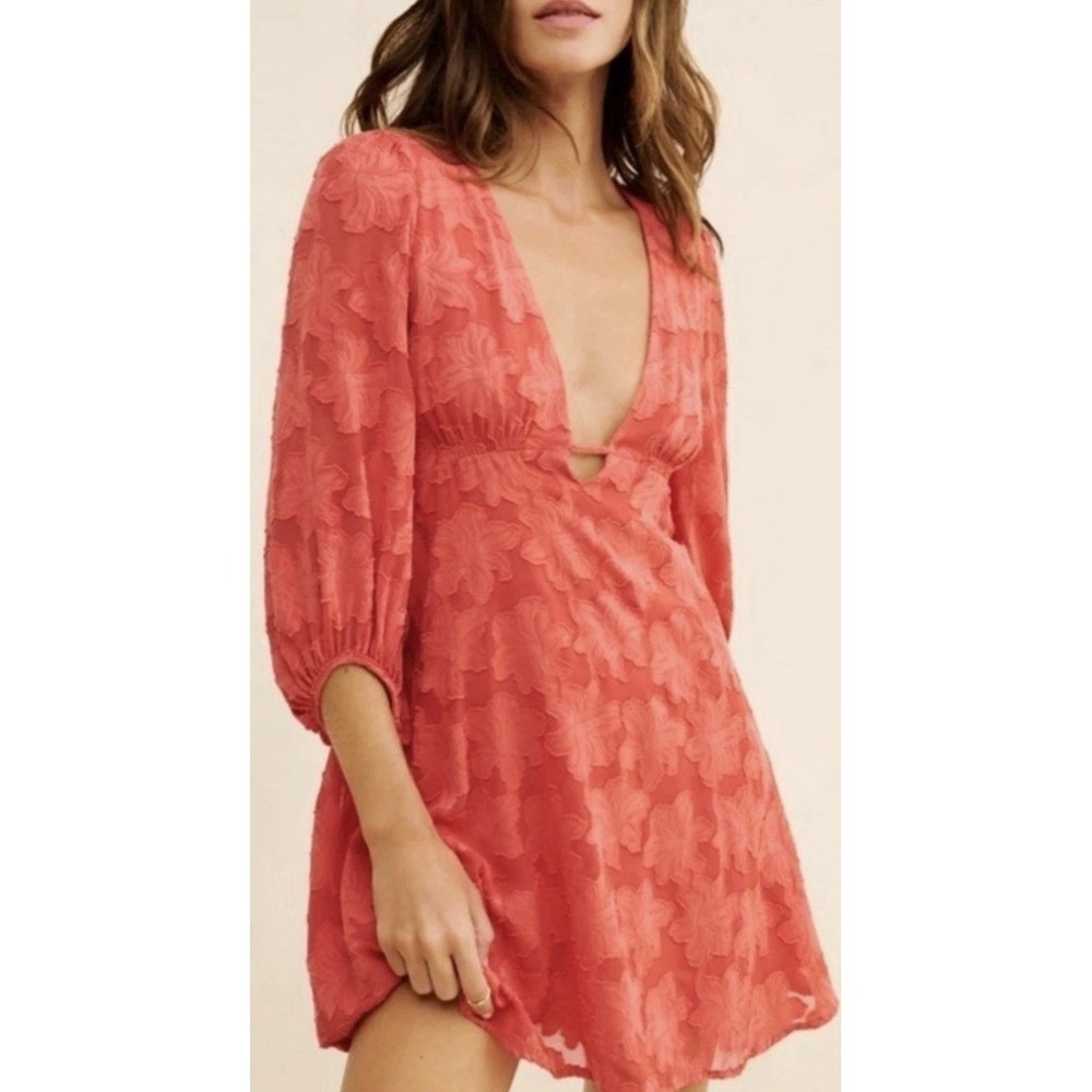 Anthro Jacquard Plunge Mini Dress Coral Pink Floral Texture Long Sleeve US 10